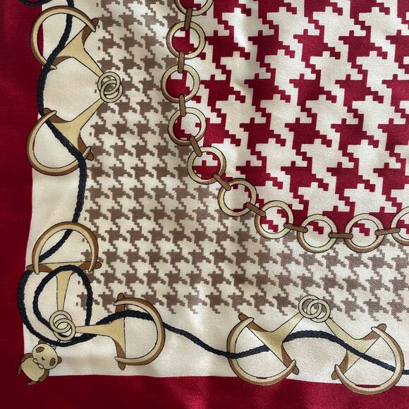 Mulberry Silk Square Scarf Womens Red & Tan Houndstooth Bear 21" - Picture 4 of 5